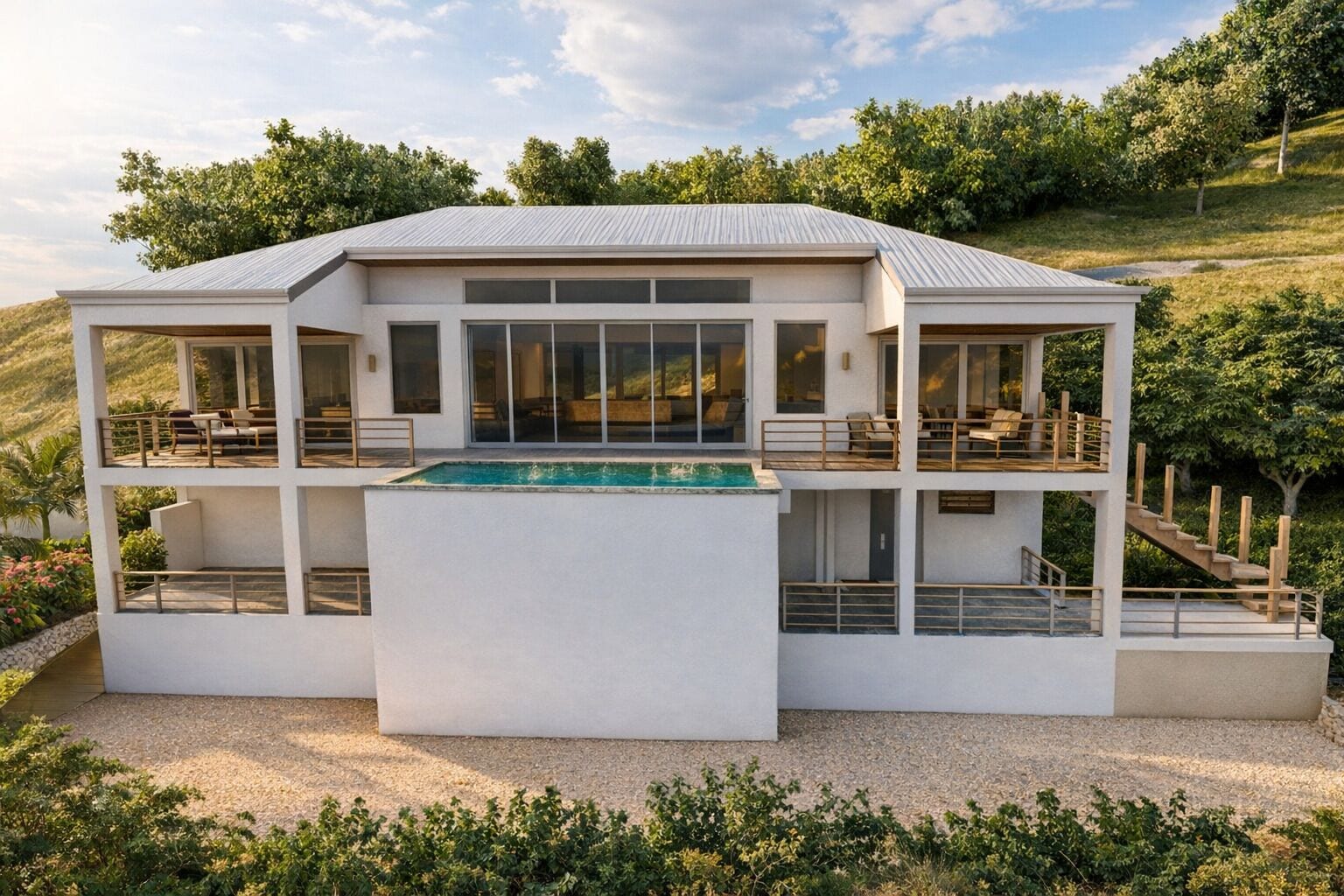 A modern multi-level house with a pool, outdoor seating, and a staircase.