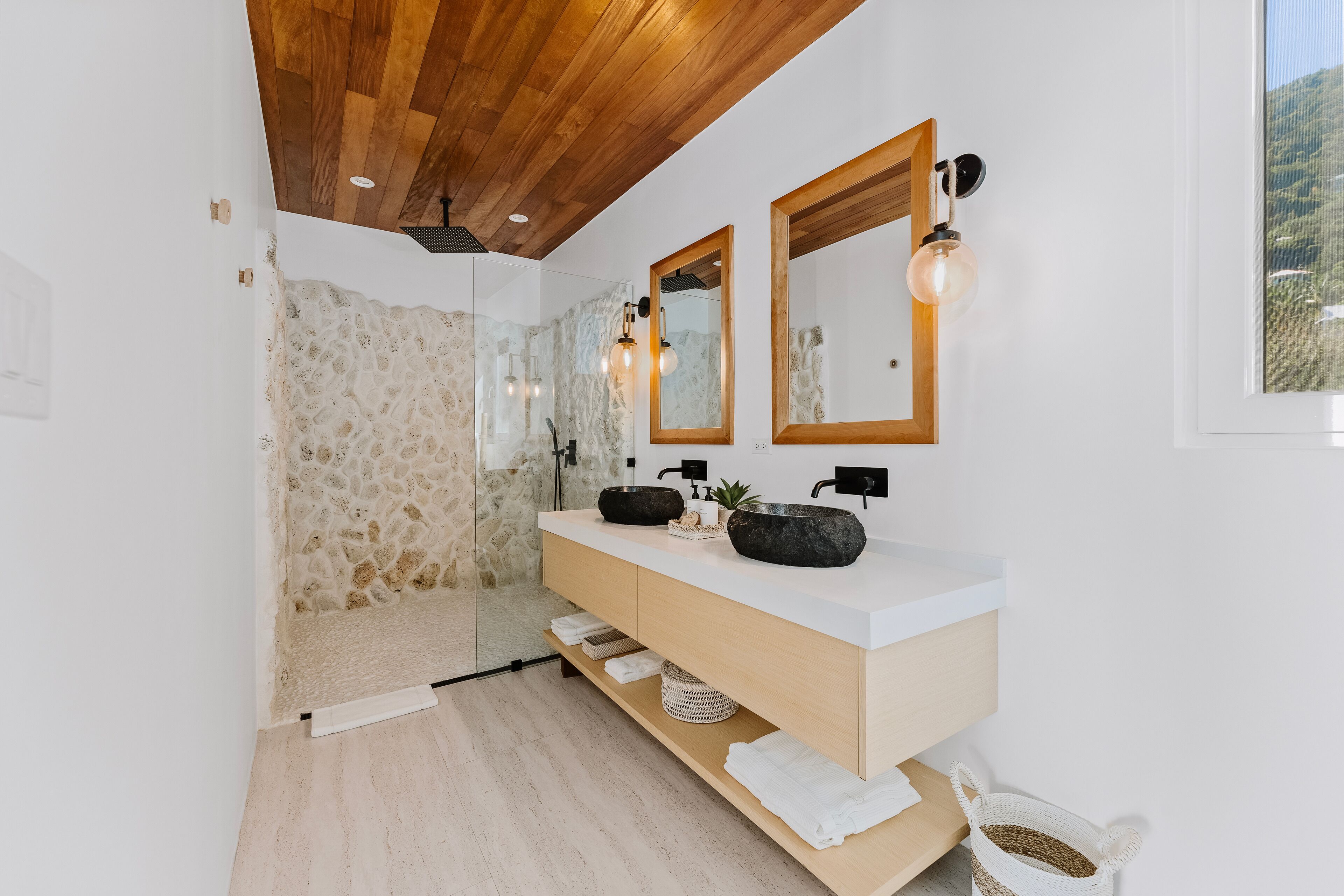 beach villa suite | bathroom | shower, hair dryer, bathrobes, towels