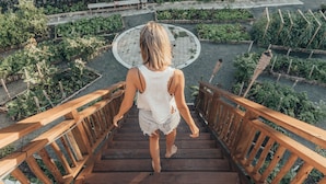 A wooden staircase leading to a garden area with various plants and a circular stone feature. - Long Bay Beach Resort (West End)