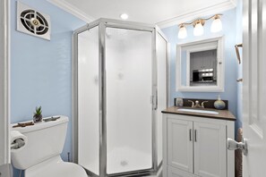 Shower, towels, toilet paper