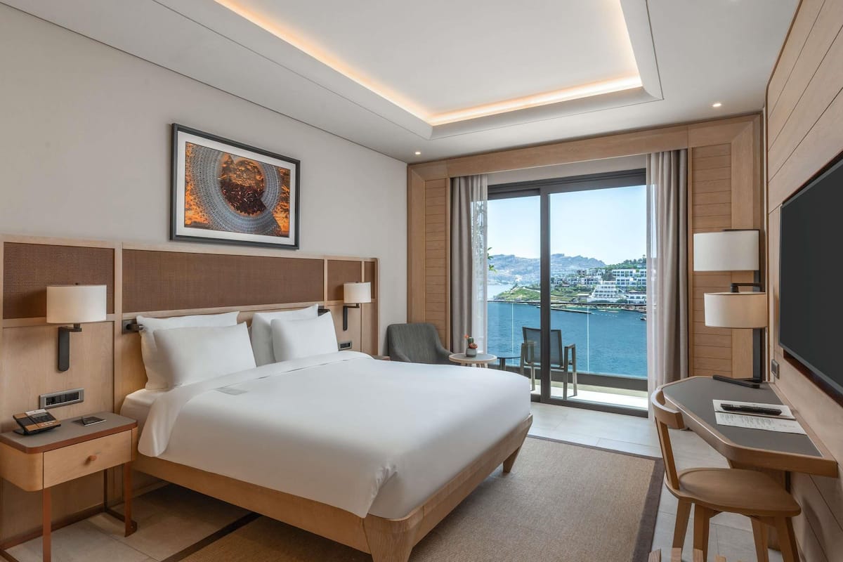 Habitación de hotel con una cama grande, un escritorio y un televisor. Se ve una ventana con vista a un cuerpo de agua y edificios.