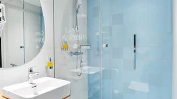 Shower, rainfall showerhead, eco-friendly toiletries, hair dryer