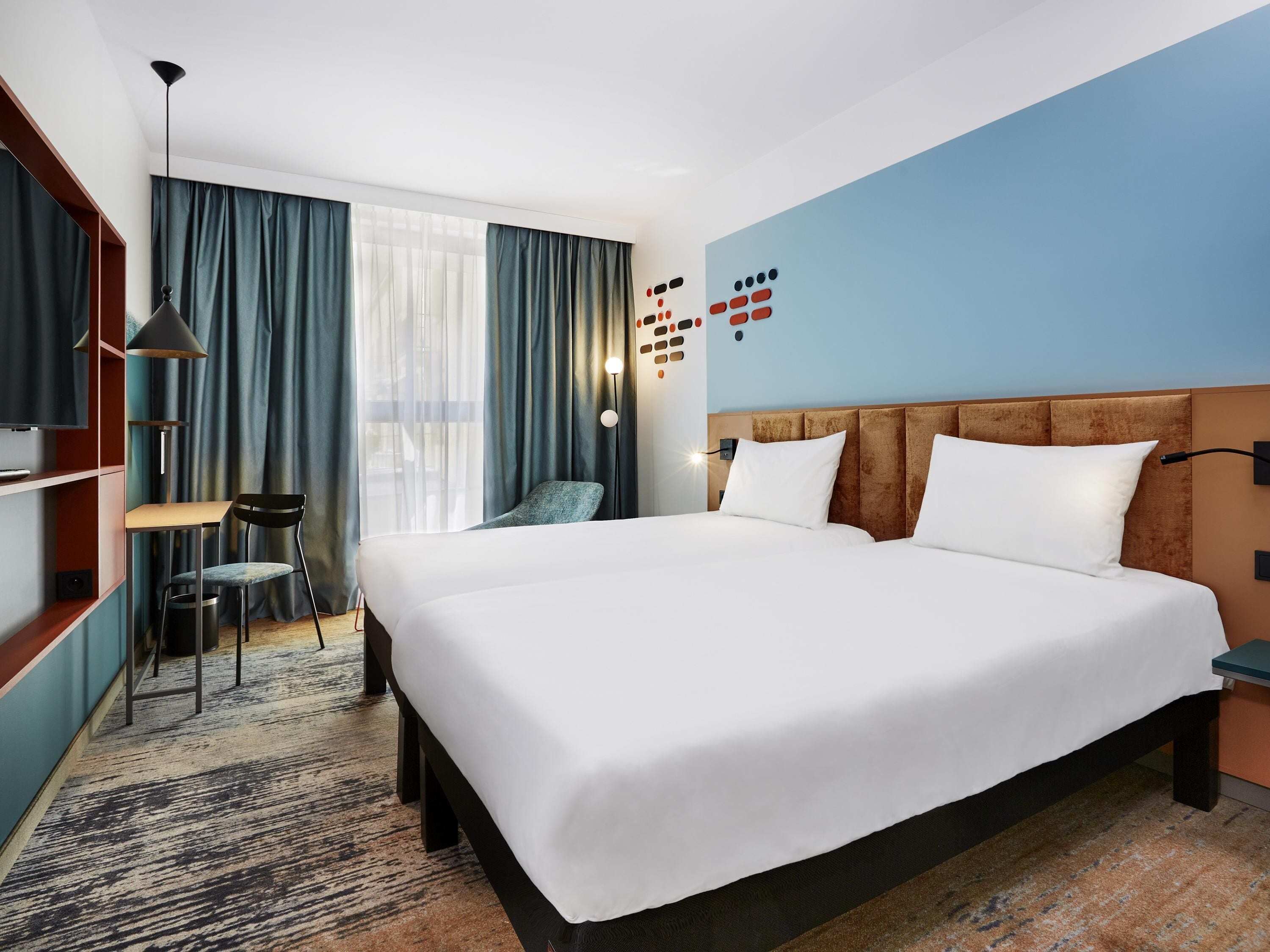 Desk, laptop workspace, blackout curtains, soundproofing