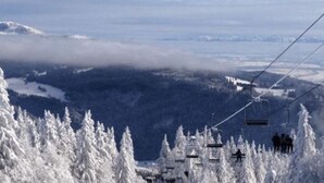 Un telesilla con pasajeros, rodeado de árboles nevados y montañas al fondo.
