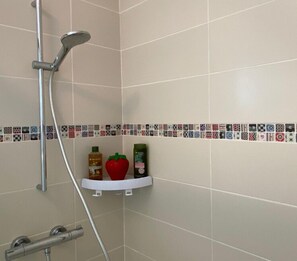 Chuveiro, secador de cabelo, sabonete, shampoo