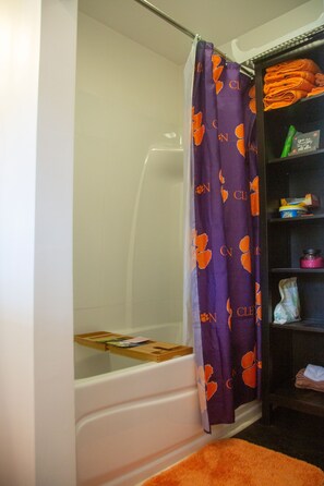 Combined shower/tub, hair dryer, towels, soap
