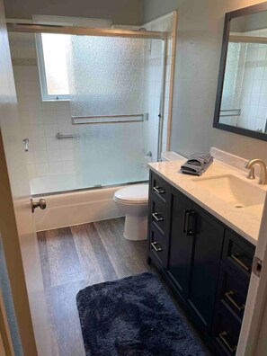 Combined shower/bathtub, hair dryer