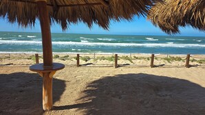 A beach with a thatched umbrella, wooden fence, and a sandy area with sparse vegetation.