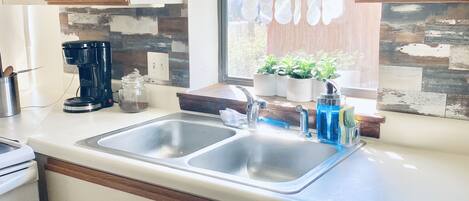 Una cocina con un lavamanos doble, una cafetera y una ventana con ollas colgantes.