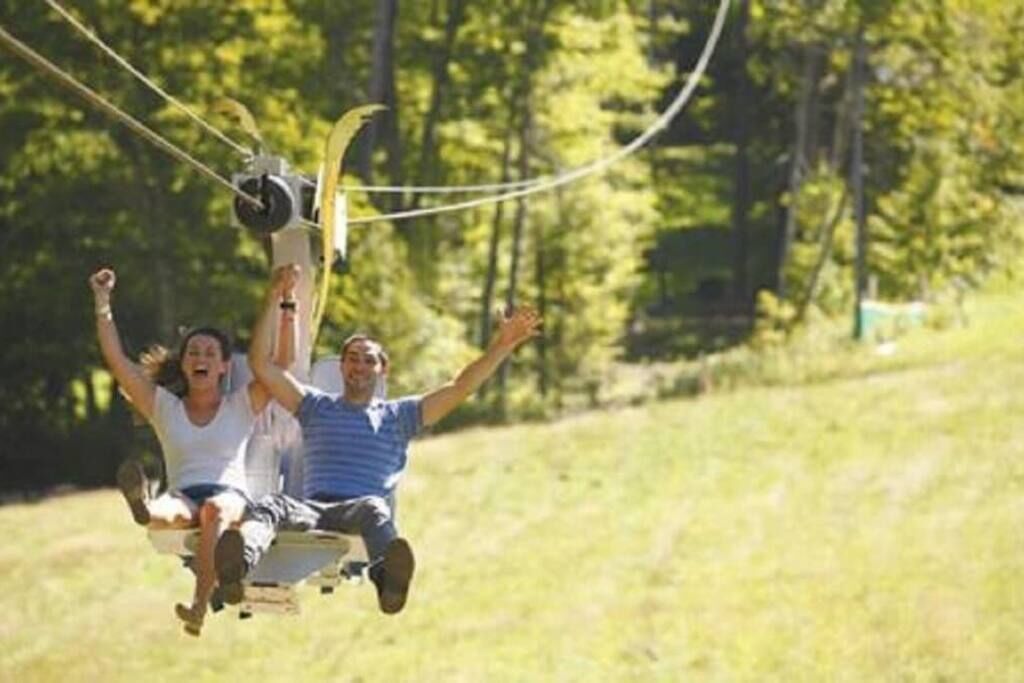 Eine Person auf einer Zipline, im Hintergrund eine Wiese und Bäume.
