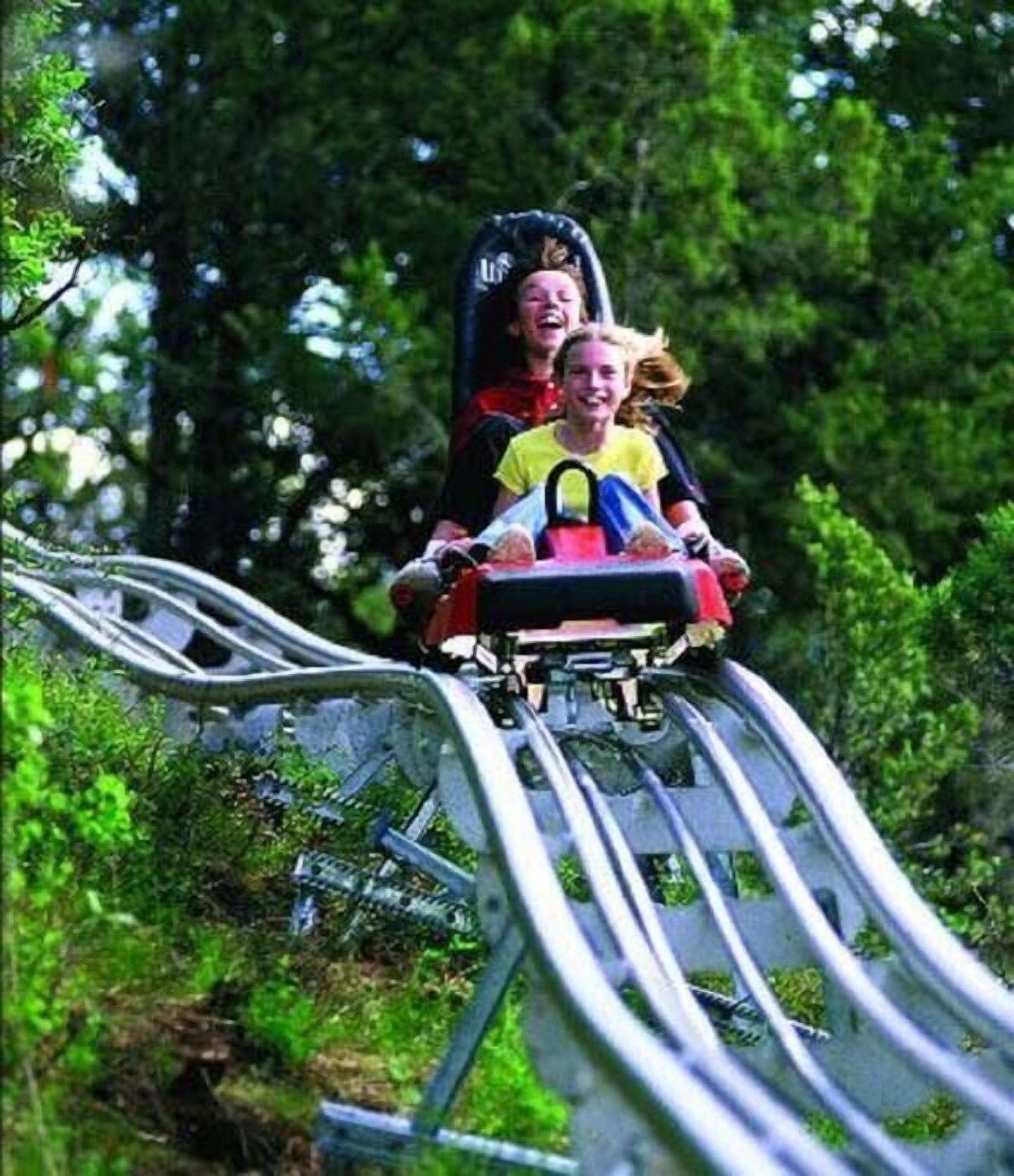A person on a roller coaster track surrounded by greenery.