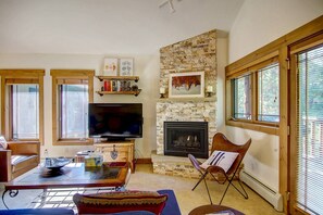 Smart TV, chimenea, libros