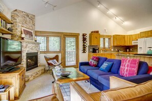 Smart TV, fireplace, books