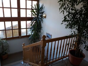 Um banco de madeira com grade de metal, um vaso de planta e uma janela com vista para uma paisagem nevada.
