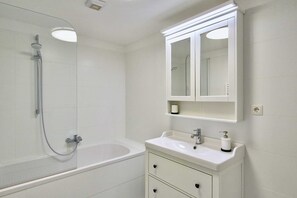 Hair dryer, towels, soap, toilet paper