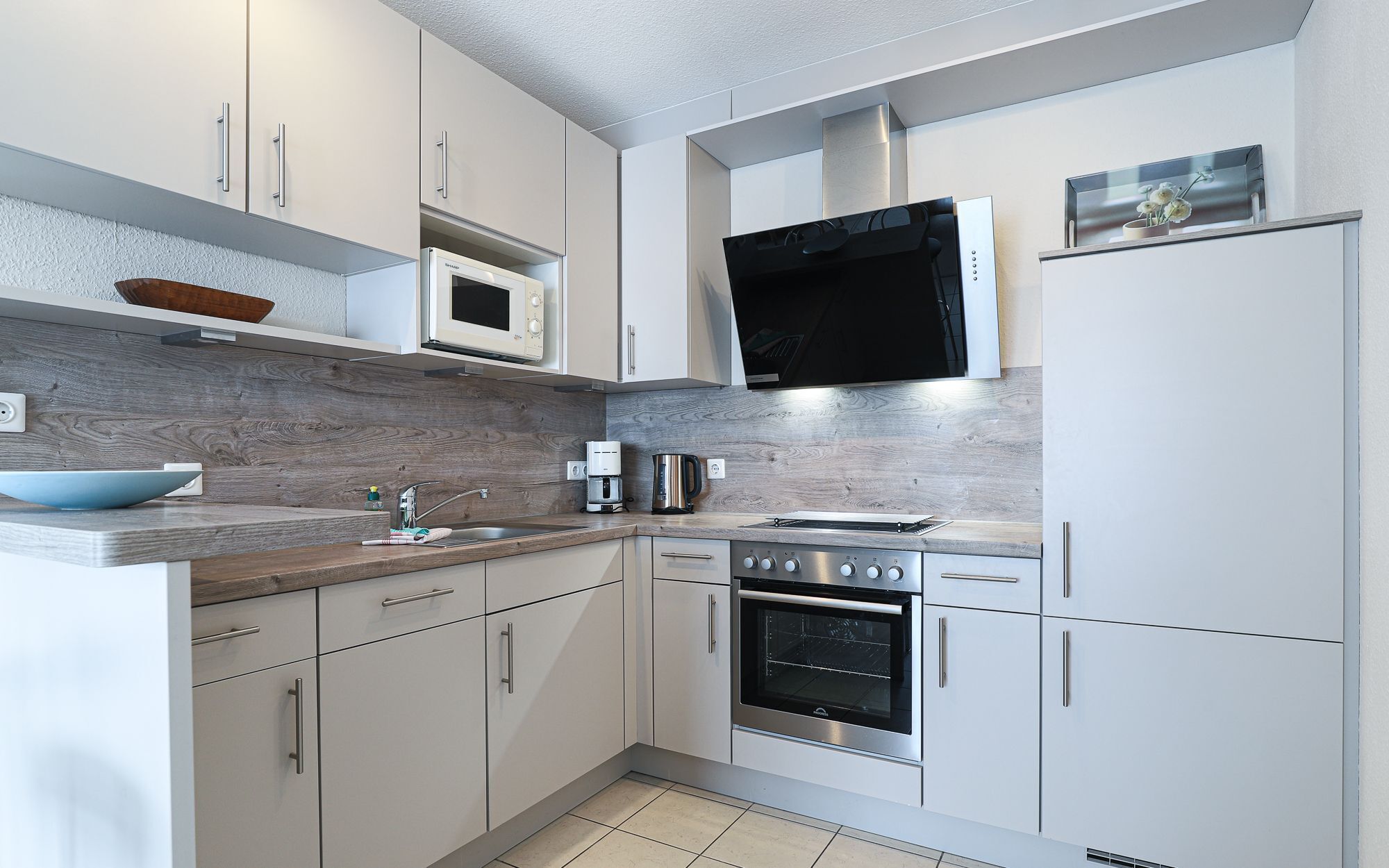 Fridge, oven, coffee/tea maker, electric kettle