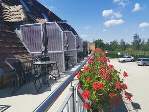 Ein Balkon mit Sitzgelegenheit, einem Metallgeländer und einer Reihe roter Blüten.