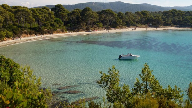 Een kuststrand met helder turquoise water, een boot en dichte groene bomen op de achtergrond.