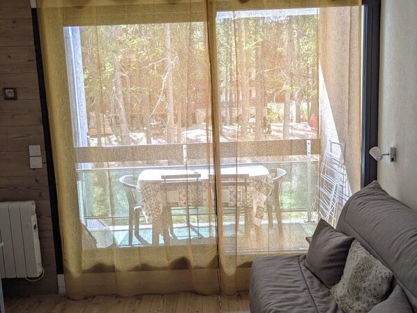 A room with a wooden floor, a grey sofa, a table with chairs, and a view through a window with a curtain.