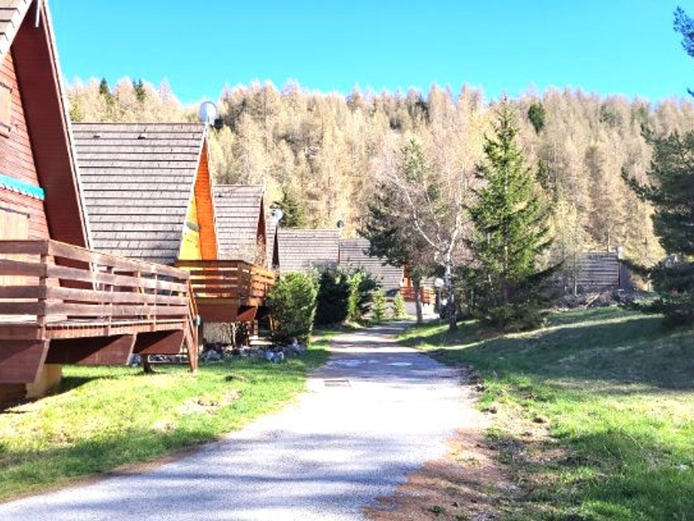 Un sentier menant à des cabanes en bois, avec une forêt en arrière-plan.