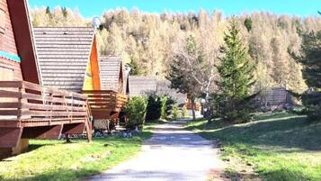 Un sentier menant à des cabanes en bois, avec une forêt en arrière-plan.