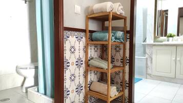 Combined shower/tub, hair dryer, bidet, towels