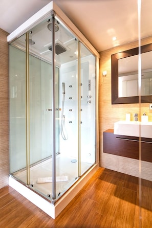 Shower, jetted tub, hair dryer, bidet
