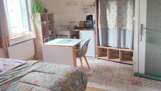 A compact room with a bed, a desk, a chair, a wardrobe, and a kitchenette.