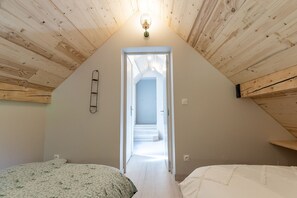 A bedroom with a sloped ceiling, a ladder, a bed, and a door leading to a hallway.