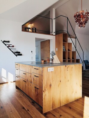 Frigorífico, microondas, horno y placa de cocina