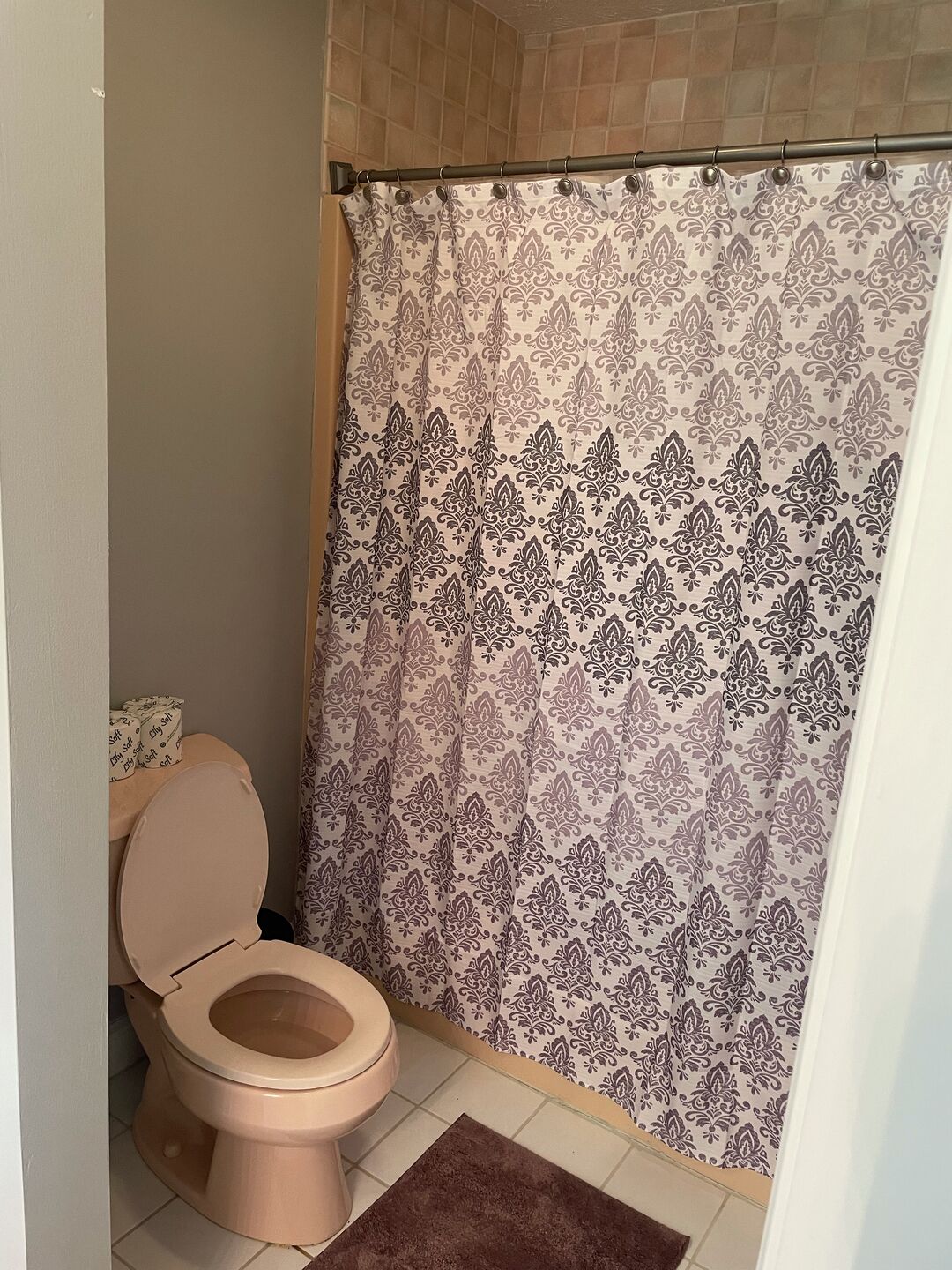 Ensemble douche/baignoire, serviettes fournies, savon, papier toilette