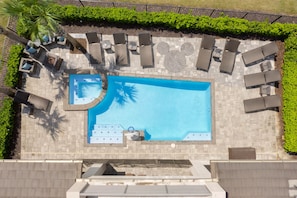 Vue aérienne d’un espace piscine avec des chaises longues et un palmier.