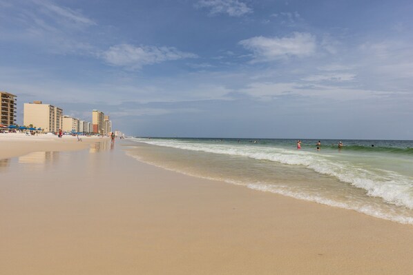 Beach nearby, sun loungers