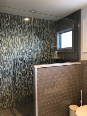 Duschwanne, Haartrockner, Handtücher, Seife