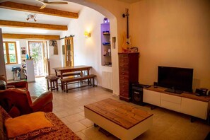 Älytelevisio, takka, kirjoja, stereot