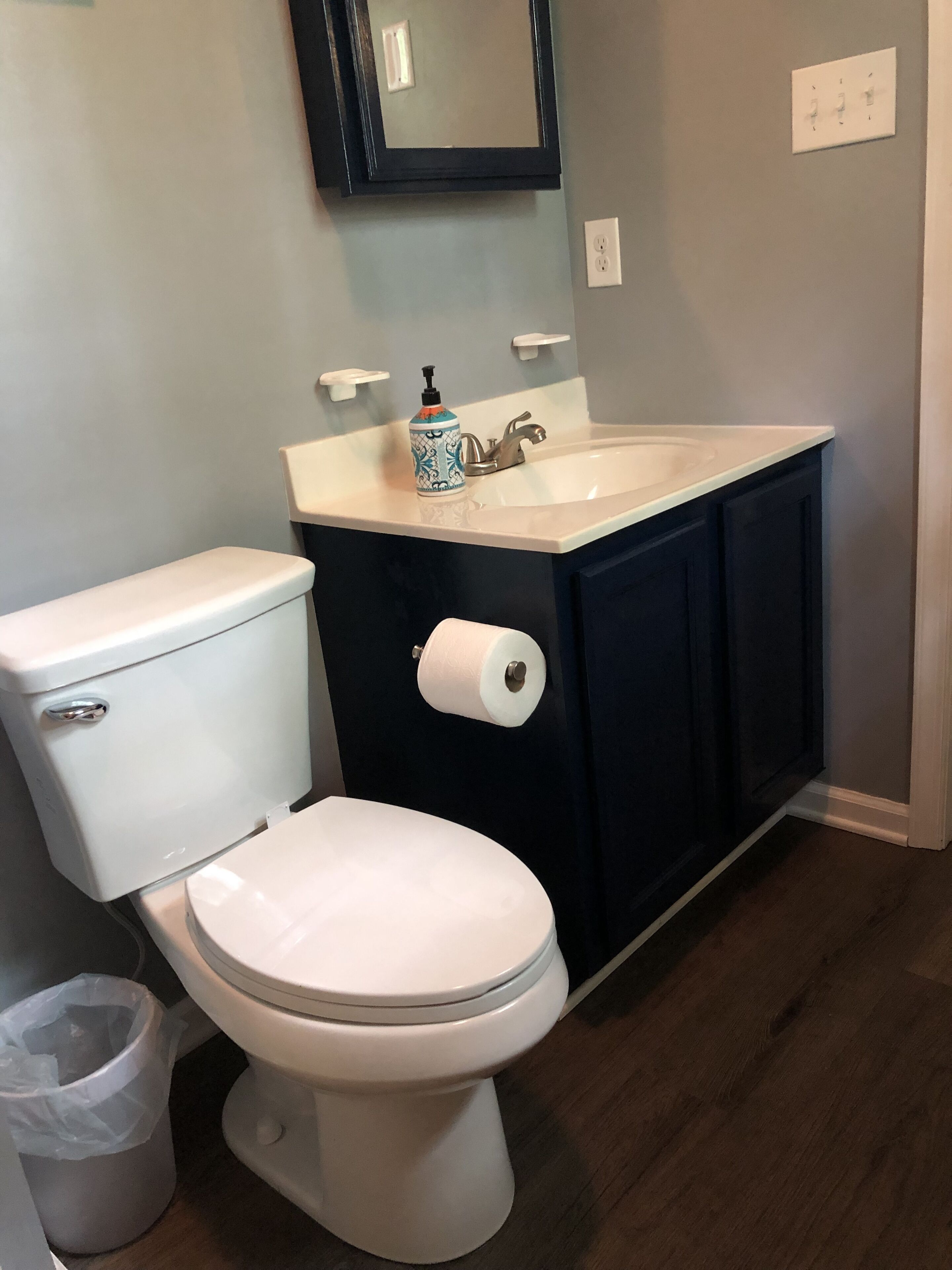A bathroom with a toilet, sink, and dark cabinets.
