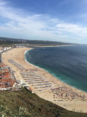Una playa costera con hileras de sombrillas y tumbonas, una orilla arenosa y edificios a lo largo de la costa.