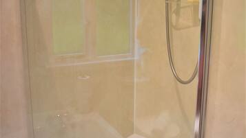 Combined shower/bathtub, towels