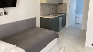 A bedroom with a bed, a TV mounted on the wall, a kitchenette with a sink and cabinets, and a bathroom visible through an open door. - Beautiful AqvaVilla in Poreč (Porec)