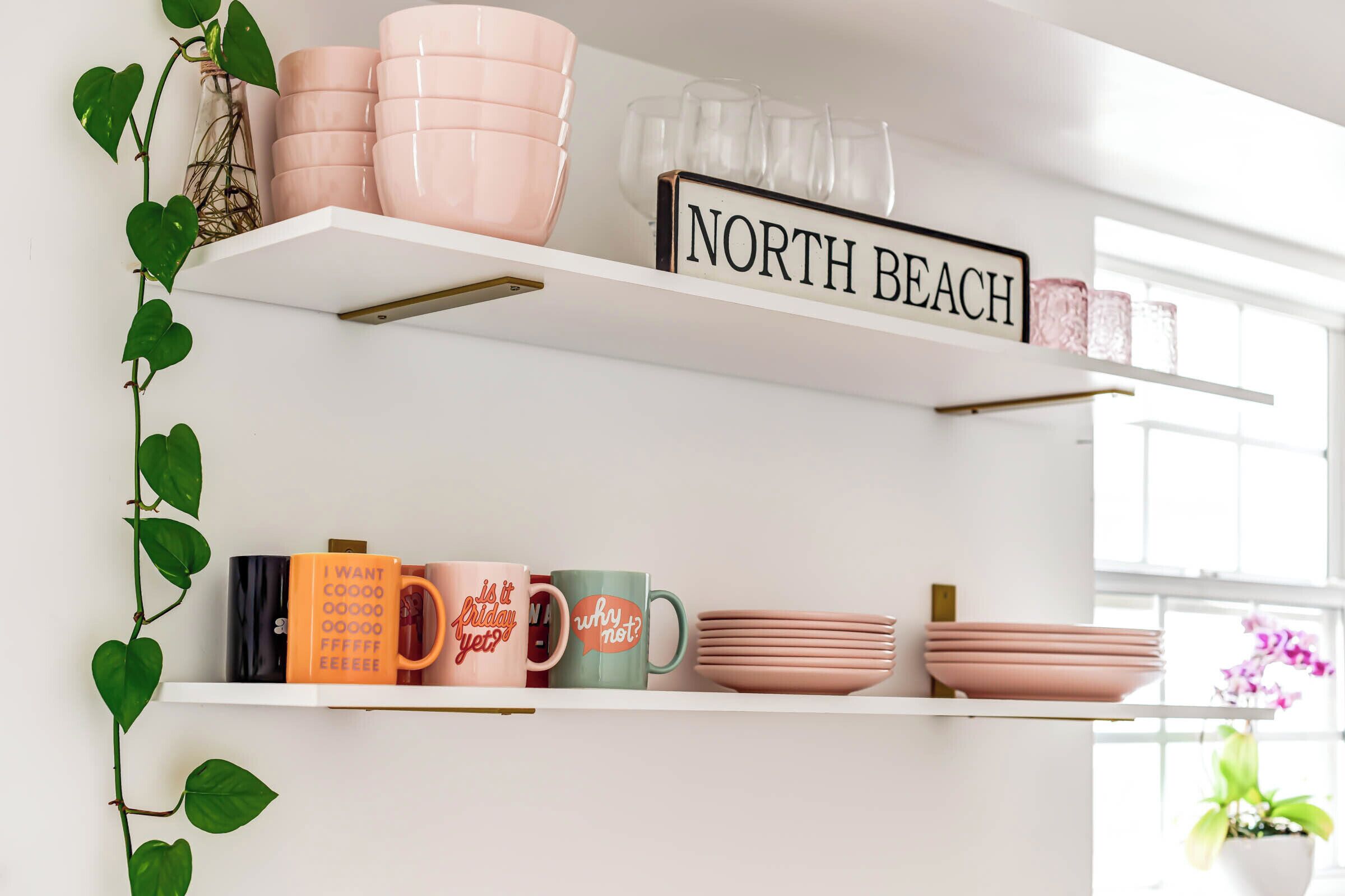 A shelf with pink and white dishes, a sign reading "NORTH BEACH," and a plant with heart-shaped leaves.