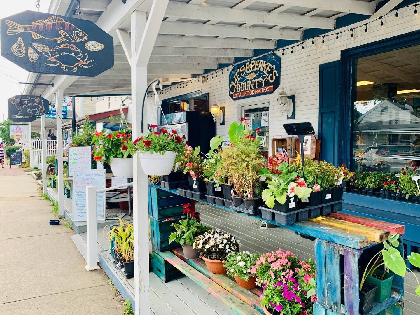 A local food market with a variety of plants and seafood displayed outside.