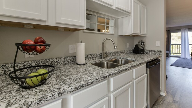 A kitchen with white cabinets, a granite countertop, a sink, and a dishwasher. - Accommodates 16! Stylish & Chic! Swim at pool! Close to Lake, SDC & Hwy 76 Strip (Branson)