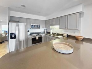 A modern kitchen with grey cabinets, stainless steel appliances, and a large island. - GULF FRONT - Amazing Views - 2 Bikes - BMV 14 (Santa Rosa Beach)