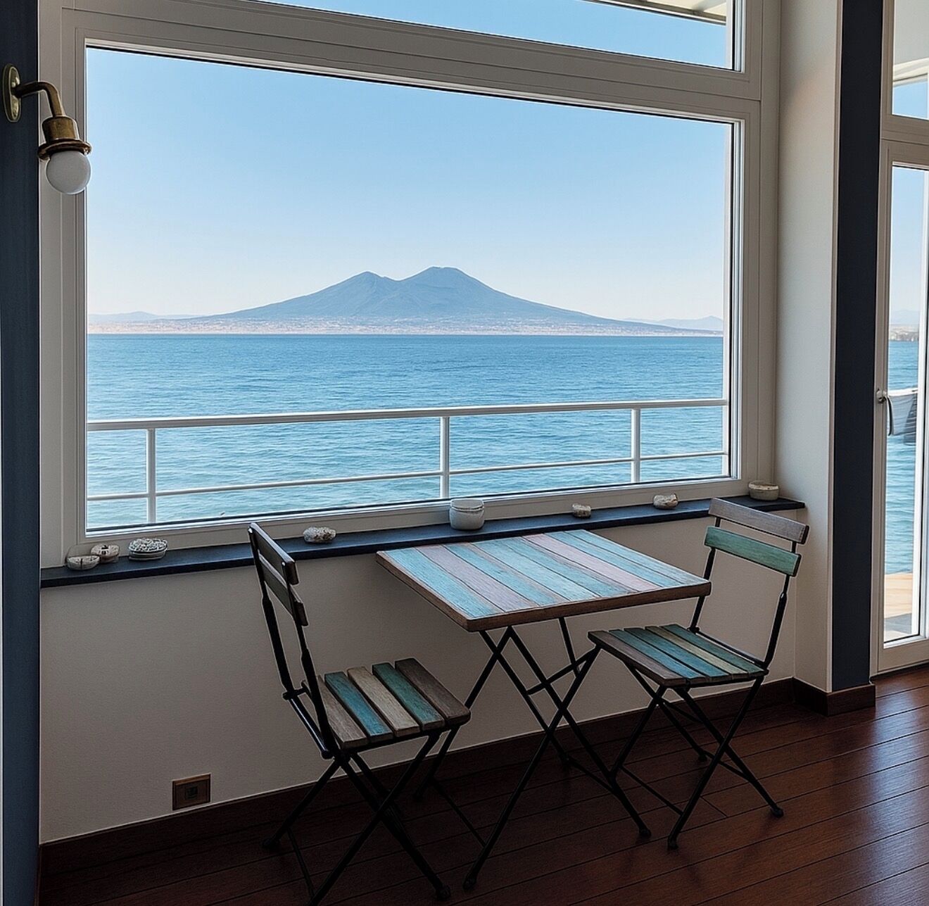 Una habitación con vistas a la montaña y al mar, una ventana con mesa y sillas, y una puerta.