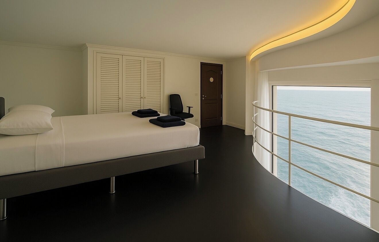 A modern bedroom with a bed, two chairs, a wardrobe, and a door.