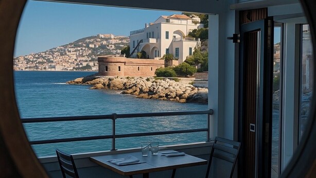 Une fenêtre circulaire donnant sur une zone côtière, une table avec des chaises et un bâtiment doté d’un balcon.