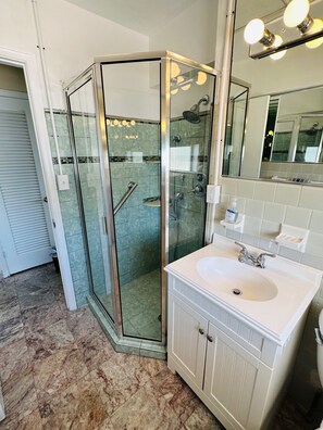 Shower, hair dryer, towels, toilet paper
