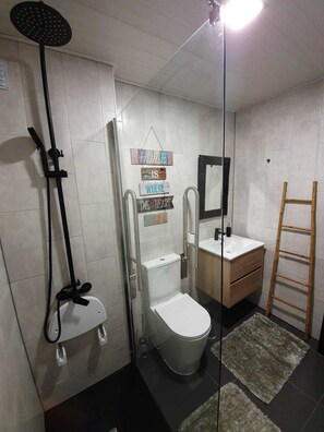Douche, sèche-cheveux, serviettes fournies, papier toilette