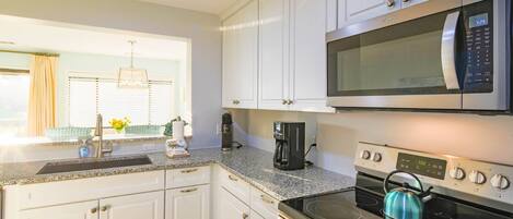 Fridge, microwave, dishwasher, coffee/tea maker