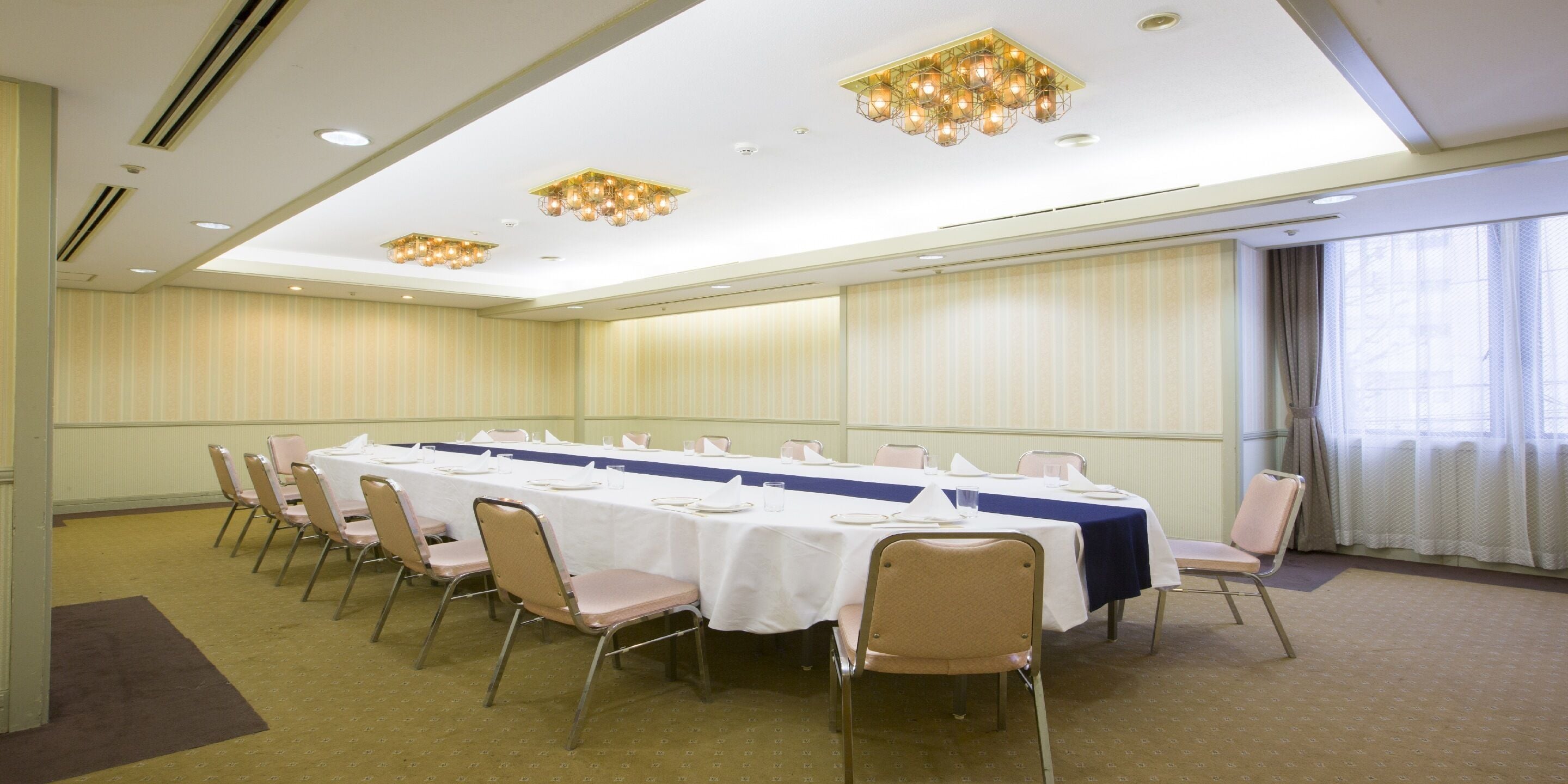 A conference room with a long table, chairs, and ceiling lights.